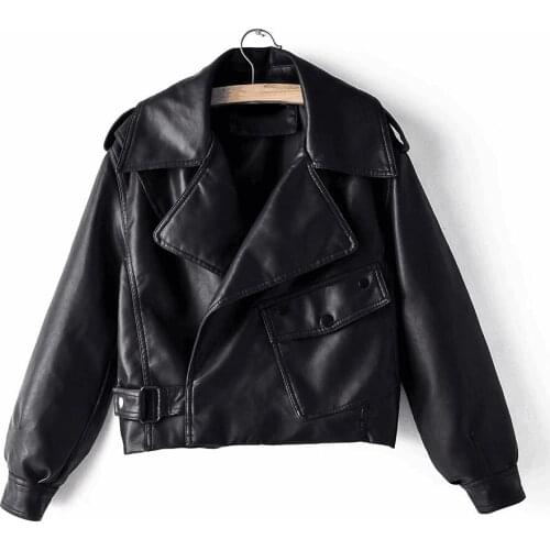 New Women Spring Autumn Black Faux Leather Jackets Zipper Basic Coat Turn-down Collar Motor Biker Jacket Motorcycle PU Loose Hot