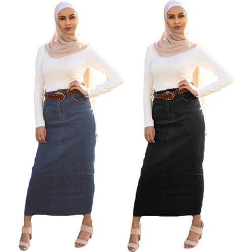 Fashion Long Denim Skirt Vintage Button High Waist Pencil Slim Skirts Muslim Women Bottoming Abaya Stretch Jeans Skirts Faldas