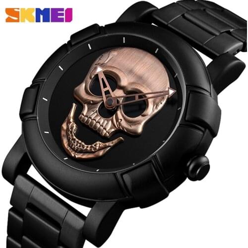 Black Watch Men 3D Skull Head Quartz WATCHES Gothic Gold Stainless Steel Steampunk Laser Engraved Cool Man Mexico reloj hombre