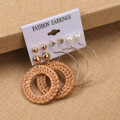 Fashion Vintage Alloy Geometric Earrings Set Simple Handmade Grass Rattan Woven Earrings 6-piece Set 2021 Trend Jewelry Gift