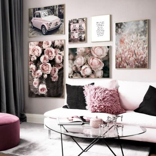 Girl Bedroom Pink Rose Flower Car Villa Wall Art Canvas Painting Nordic Posters and Prints Wall Pictures for Living Room Decor