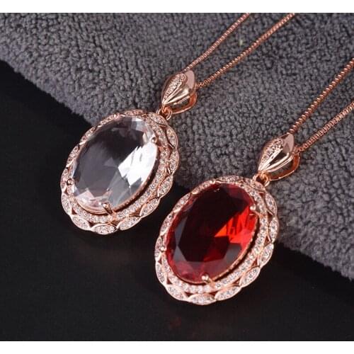 Charm Luxury Oval Big Pendant Necklace Inlay Red Crystal Zircon Rose Golden Jewelry For Women Wedding Party Anniversary Gifts