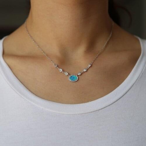 Famous Jewelry Blue fire opal clear CZ Zircon Necklaces For Women fashion chain Wedding Engagement Necklace Jewelry