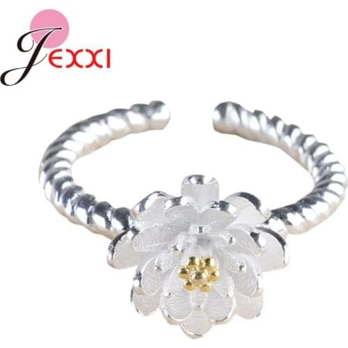 Lovely Teenager Girl Handmade Jewellery 925 Sterling Silver Small Lotus Flower Charm Finger Rings Bague Adjustable Size