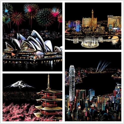 40.5x28.5 CM DIY Manual Scraping Painting Creative Colorful Famous City Night View Handmade Scratch Drawing Toys For Children