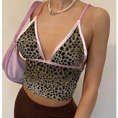 Robellii Summer Clothing Deep V Neck Sexy Camis Leopard Print Back Lace Up Women Crop Top