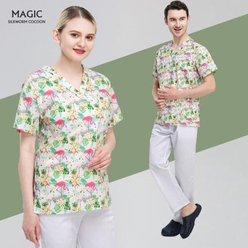 Pure Cotton Color Blocking Scrub Top Uniforms Short Sleeve V-Neck Shirt Veterinary Workwear Clothes Medical Doctor Nurse Clothes