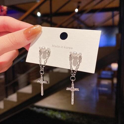 S925 Needles Full Rhinestone Cross Pearl Earring Sense of Quality Chain French Minority Female Earrings