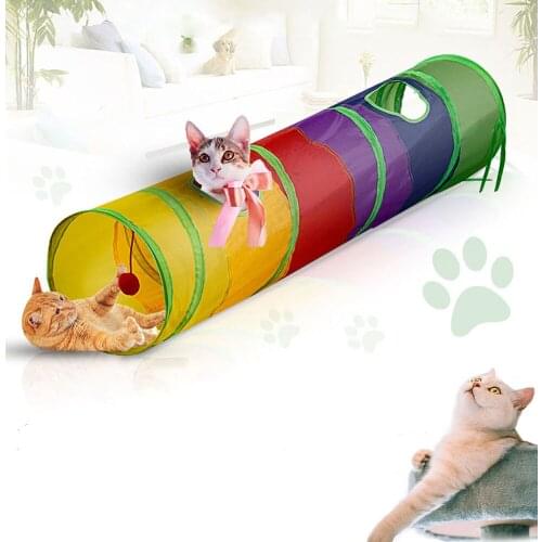 Foldable Rainbow 2 Holes Pet Cat Channel Ball Toy Puzzle Rolling Hiding Training Kitten Interactive Playing Toy for Kitten Cat