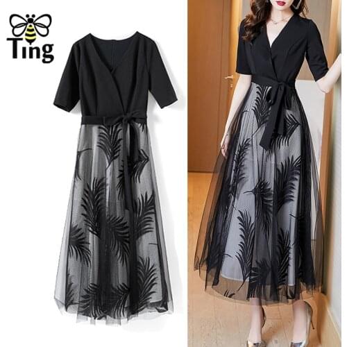 Tingfly Vintage Elegant Leaf Sheer Women Black Midi Long Dress Party A Line Party Dresses Plus Size 2XL Traf Vestidos Zaful