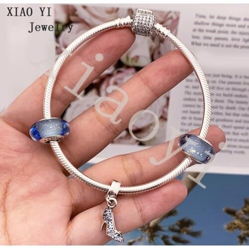 XIAOYI jewelry 100% s925 DIY charm bracelet blue glass bead high heels winter Christmas snake bone chain gentle