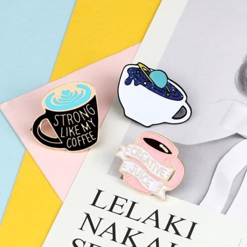 Coffee Cup Brooches Creative Planet Universe Black Pink Cups Enamel Pin for Women Men Fashion Badge Shirt Bag Lapel Pins Jewelry