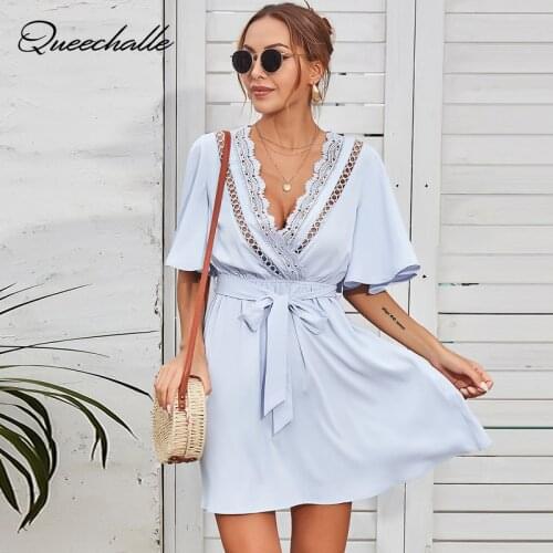 Yellow Butterfly Sleeve Mini Dress 2021 Womens Casual V-neck Short Sleeve A-line Dresses Chiffon Beach Vestidos Summer Sundress