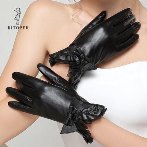 RITOPER Womens Genuine Leather Winter Sheepskin Gloves Fashion Warm Lace Bow 360 Touch Screen Thicken Noble Exquisite velvet