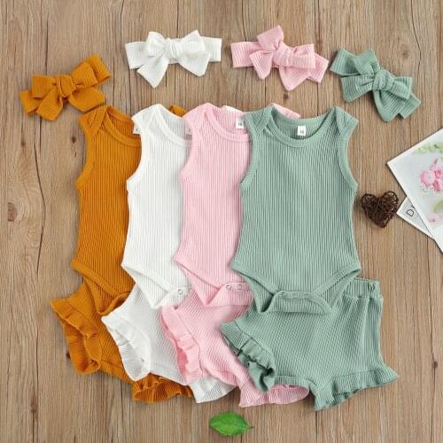 2021 0-18M Baby Boy Girl Clothing Solid Color O-Neck Sleeveless Ribbed Romper+ Shorts+ Headband for Summer 4 Colors