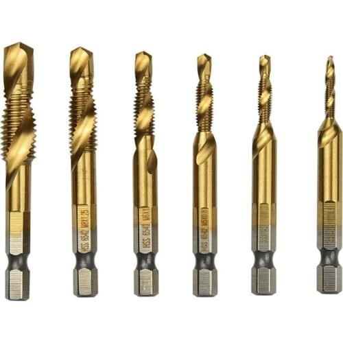 6pc Titanium Combination Tap Drill M2 Hss Screw Spiral Point Thread Metric Plug Drill Bits M3-M10 Metal Steel Cut 1/4" Hex Shank