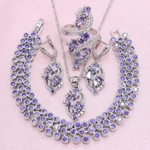 925 Silver Jewelry Sets for Women New Arrivals Purple Cubic Zirconia Bracelet Earrings Necklace Ring Wedding Christmas Gift