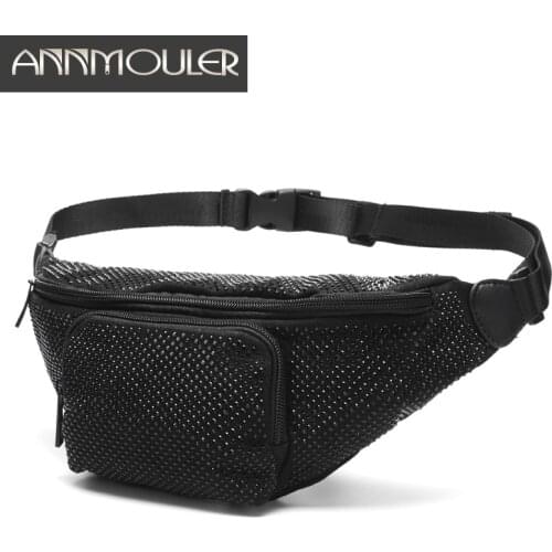 Annmouler Fashion Women Waist Bag Canvas Chest Bag Large Capacity Pockets Phone Pocket Purse Rhinestone Fanny Pack Bag Belt Bag