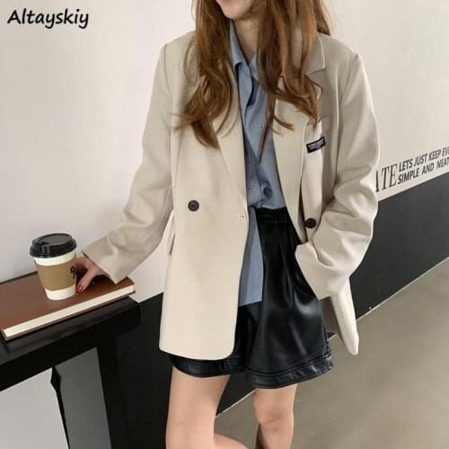 Blazers Womens Chic Casual Notched Letter Patch Loose Office Lady All-match Double Breasted Temperament Outwear Simple Daily New
