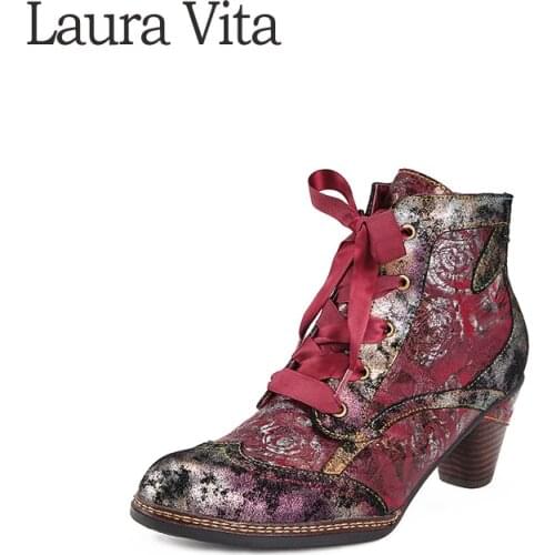 Laura Vita Genuine Leather Bohemia Ankle Boots Comfortable Shoes Vintage Printed Autumn Winter Women Boots Square Mid Heels