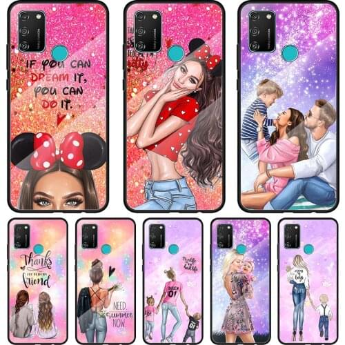 Lucky Cute Mom Baby Tempered Glass Cover For Honor 30 20 10 9X 8X Pro Plus Lite Silicone Phone Case Coque