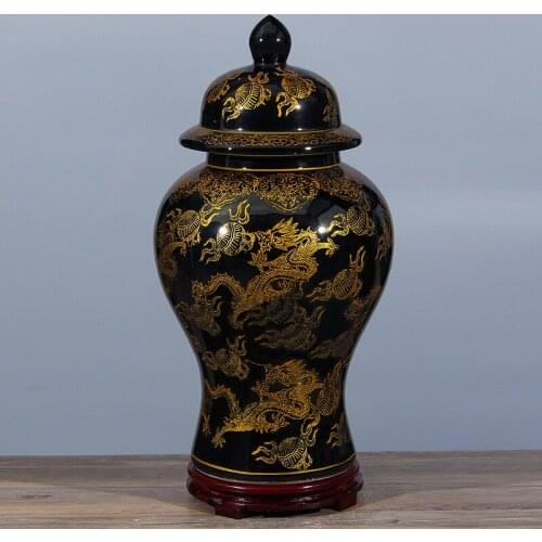 Jingdezhen Ceramic temple jar Golden Dragon Chinese antique home goods decorative ceramic porcelain ginger jars black