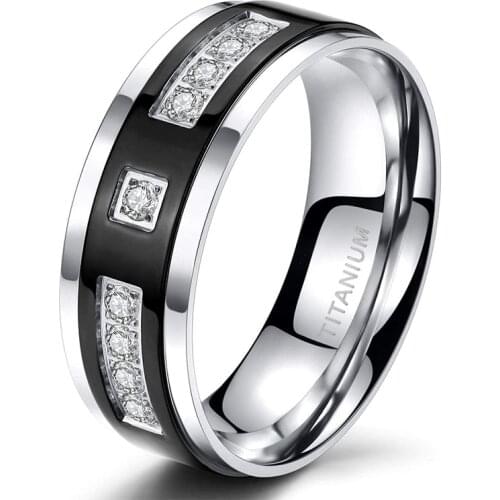 EAMTI 6mm 8mm Black Titanium Eternity Ring Cubic Zirconia Wedding Band for Men Women