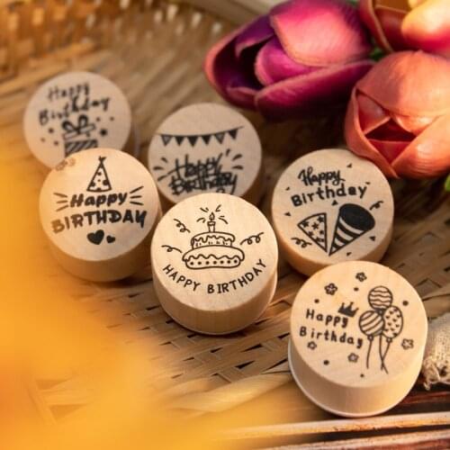 ICraft Set of 6pcs Mini Round Wood Rubber Stamp Small Circle Happy Birthday Icon Wooden Stamp Plan DIY Gift Junk Journal Tool
