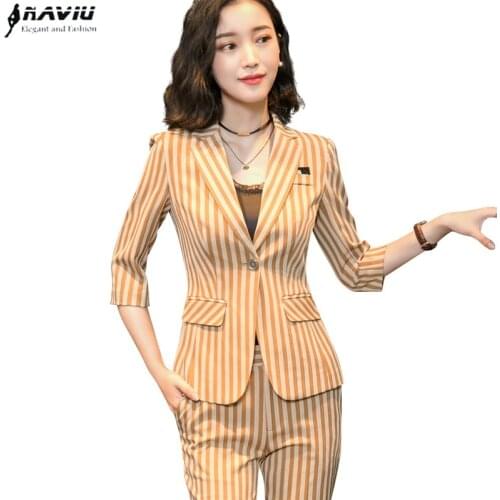 Naviu New Arrives 2 Piece Set Women Clothes 2019 Fashion Plus Size Striped Blazer and Pants Office Lady Style Formal Uniform