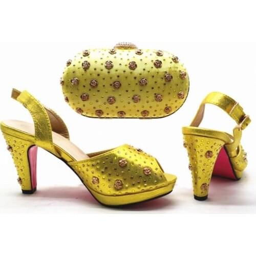 Beautiful golden women pumps with big crystal decoration african shoes match handbag set for dress X28