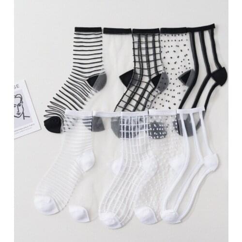 Summer new Cass womens socks medium tube cotton bottom thin socks breathable mesh striped glass silk womens socks