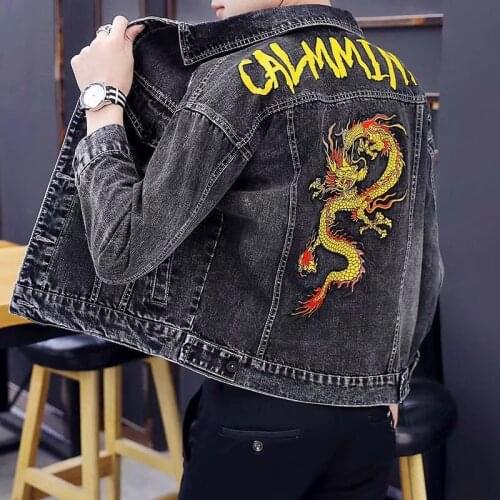 2021 New Hole Denim Jacket Men Loose Spring Autumn Jeans Coat Vintage Dragon Printed Slim Outwear Korean Male Clothing Chaquetas