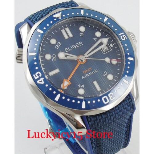 Top Sport Style Blue Mechanical Mens Watch Sapphire Crystal Auto Date Silver Color Case Ceramic Bezel