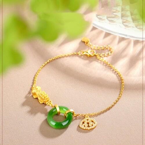 The New S925 Sterling Silver Gold-plated Inlaid Hetian Jasper Safe Buckle Double Happiness Brave High-end Ladies Bracelet
