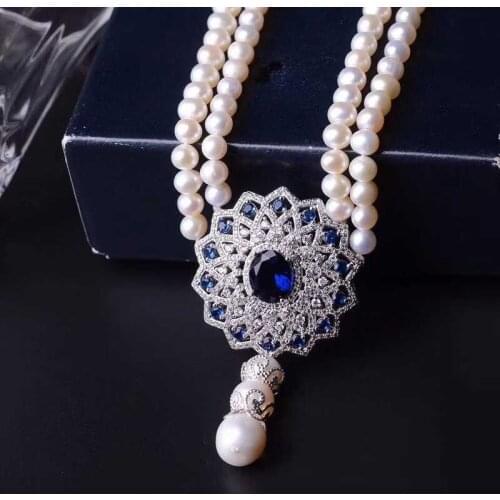 Natural white pearl multi-circle necklace inlaid with blue zircon round slightly flawed fashion new high-level jewelry choker