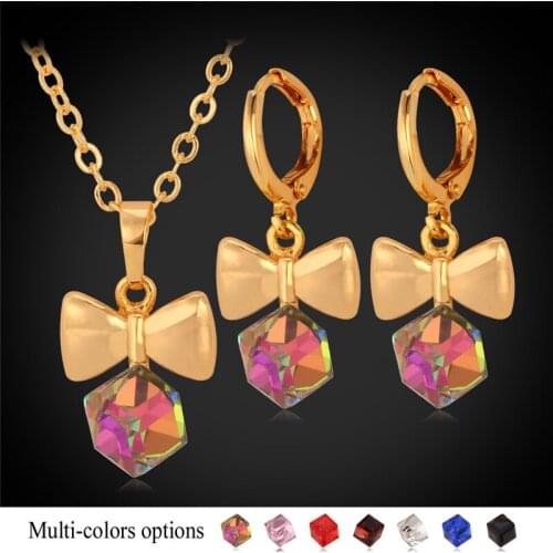 Crystal Pendant Necklace Earrings Set For Women Gold Color Rhinestone Fancy Trendy New Bowknot Jewelry Sets Gold PE462