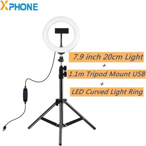 PULUZ 7.9inch 20cm fill light and 1.1m tripod with CellPhone Clamp Dimmable dual color temperature LED Curved Light Ring