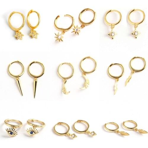 INZATT Real 925 Sterling Silver Zircon Star Moon Feather Eye Hoop Earrings For Fashion Women Fine Jewelry Hiphop Accessories