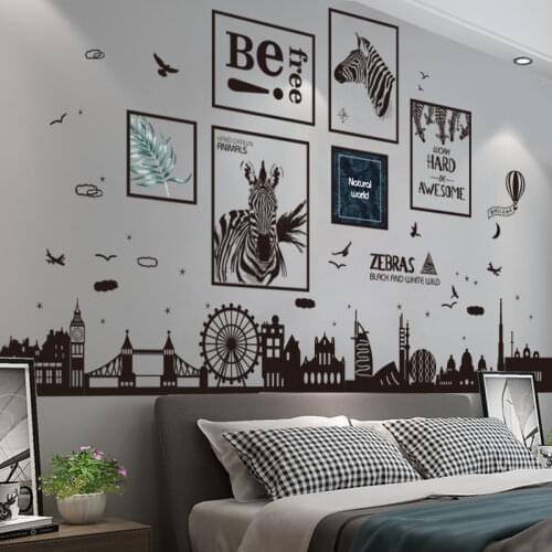 [SHIJUEHEZI] World Map Wall Stickers DIY Black Buildings Mural Decals for Living Room Bedroom House Decoration Accessories