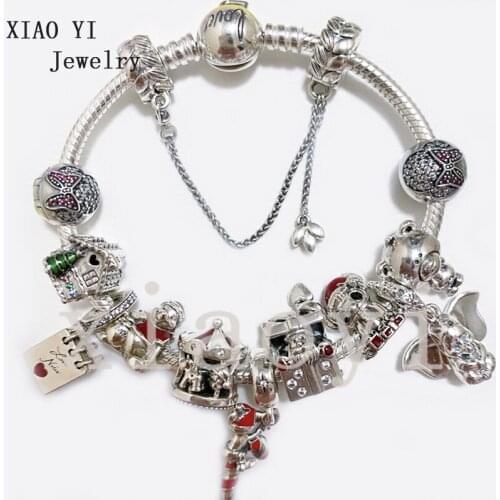 XIAOYI 2020 new 100% s925 Red Santa Claus elephant bear carousel bow love letter house wheat ear safety chain bracelet female