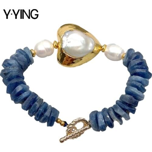 Y·YING Natural Blue Kyanite Rondelle Rough Cultured White Pearl strand Bracelete