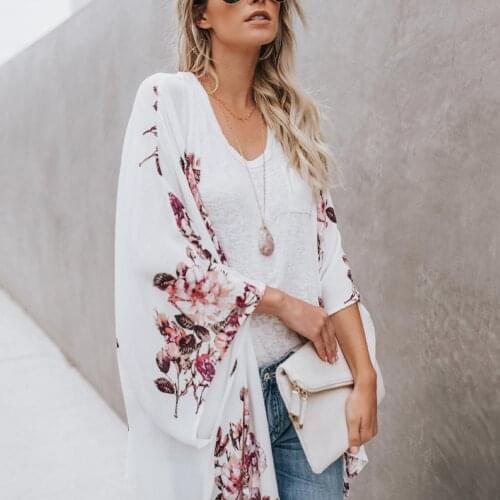 Women Beach Blouses Floral Print Kimono Summer Spring Flare Sleeve Loose Beach Clothes Vintage Cardigan Beach Blouses Shirts