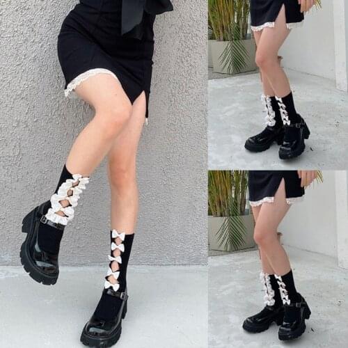 Japanese Lolita Women Short Crew Socks Sweet Hollow Out Asymmetrical Bowknot Black White Kawaii Girls Student Mid Tube