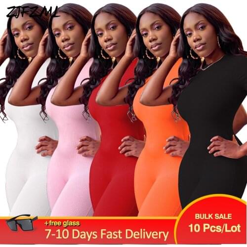 Wholesale Bulk Items Lots Women Sporty Playsuit Solid Designer Casual Short Sleeve Bodycon Jumpsuit Active Wear Slim Outfits