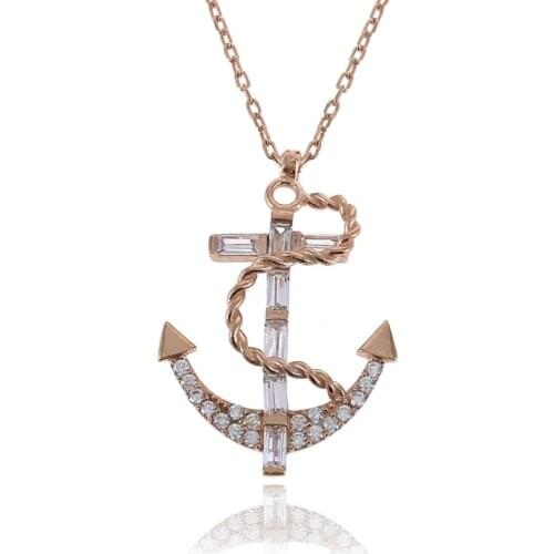 White Zircon Stone Rose 925 K Silver Anchor Womens Necklace