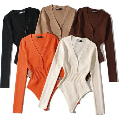 Summer one piece outfits for women sexy deep v neck bodysuit women bodycon bodysuit long sleeve button up bodysuit knitted