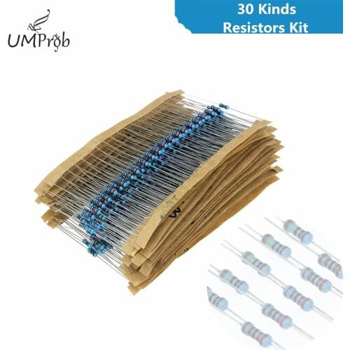 30 Kinds 1/4W Resistance 1% Metal Film Resistor Pack Assorted Kit 1K 10K 100K 220ohm 1M Resistors for school education lab DIY