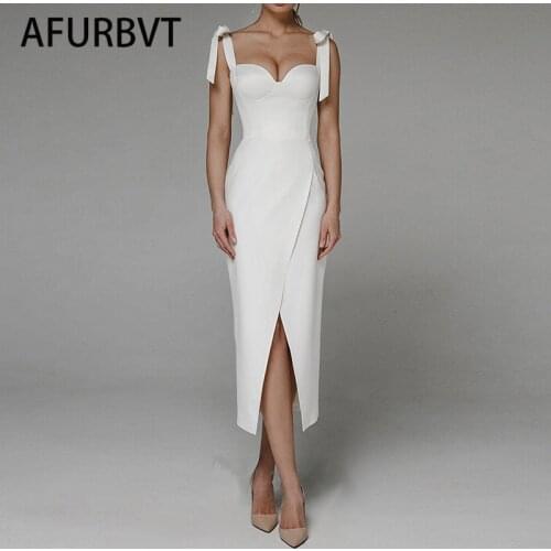 White Party Dress Midi Dresses Solid 2021 Autumn Sexy V-Neck Split Fork Backless Dress Straps Zipper Slim Dress Red Black White