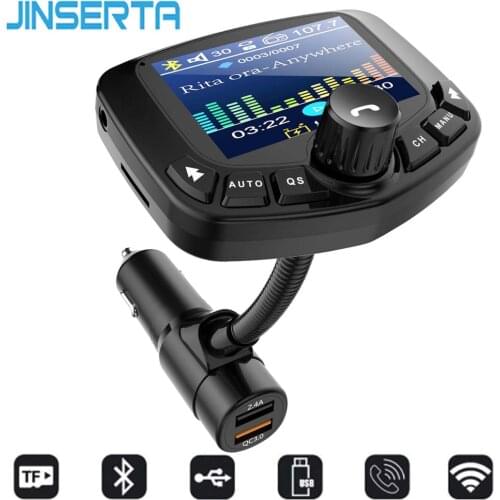 JINSERTA 1.8 inch Bluetooth MP3 Player FM Transmitter with Dual USB Port QC3.0 Support U Disk, TF Card, AUX Input Output