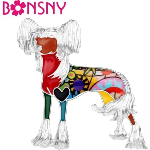 Bonsny Enamel Alloy Chinese Crested Dog Brooches Cartoon Animal Pets Pin Jewelry For Women Girls Gift Clothes Scarf Decoration